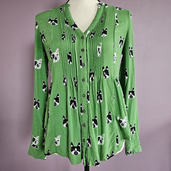 Anthropologie Tops - Maeve Anthropologie Green Dog Print Pintucked Button Down Peplum Blouse
